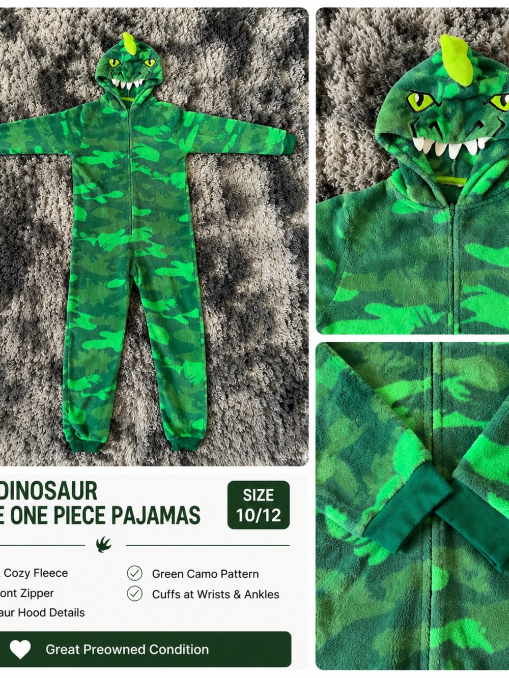 Kids Green Camo Dinosaur One-Piece Pajamas with Hood